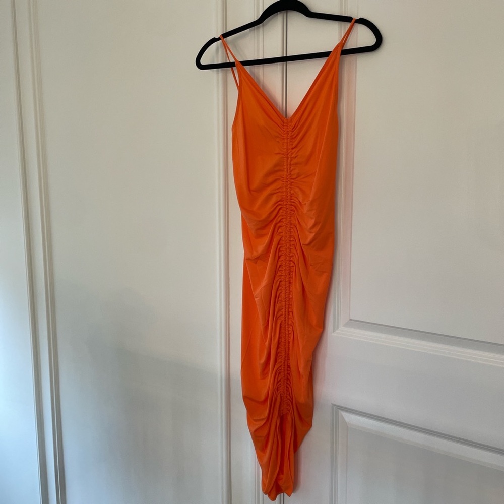 H&M night out ruched tight orange midi